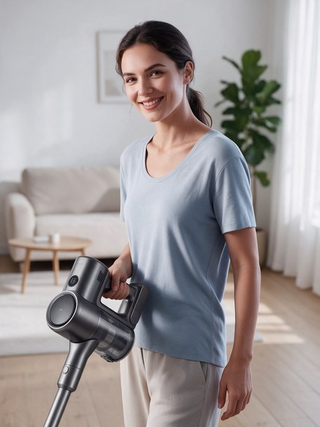 Woman at home with a cordless stick vacuum