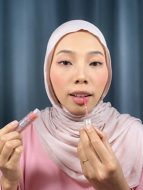 Creator applying a lip product to camera