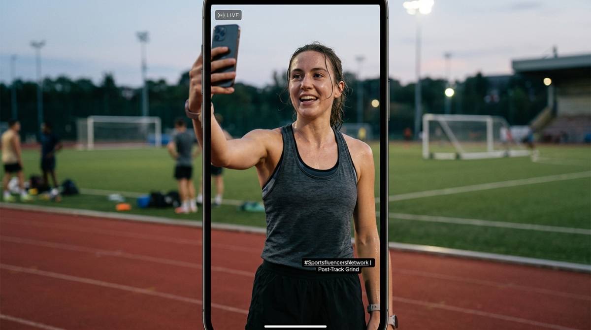 An athlete live-streaming a selfie video on a floodlit running track, framed inside a phone screen