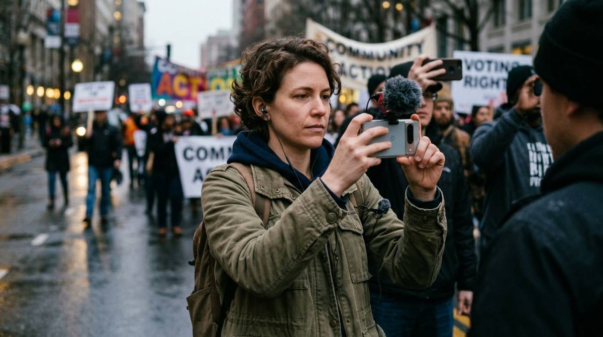 A field reporter filming on a phone with a shotgun mic at a street march, Community Action and Voting Rights placards behind