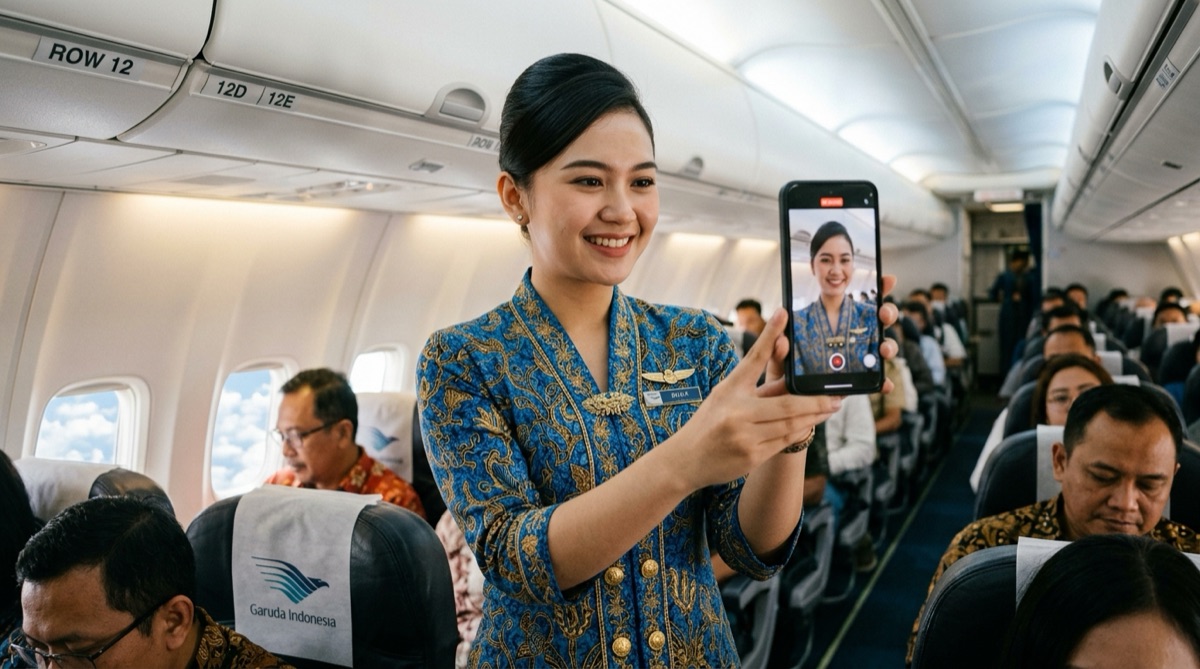 A Garuda Indonesia cabin crew member filming herself on a phone in the aisle, passengers seated either side