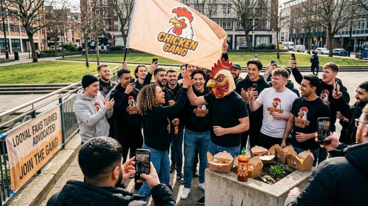 A crowd of fans in Chicken Gang shirts filming on their phones around a flag, beside a banner reading “Loyal fans turned advocates”
