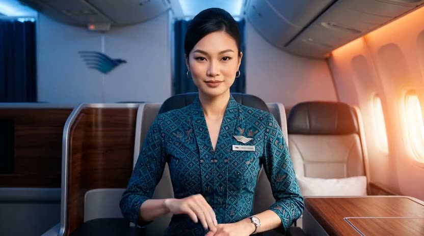 A cabin crew member seated in a premium cabin, sunrise light through the windows
