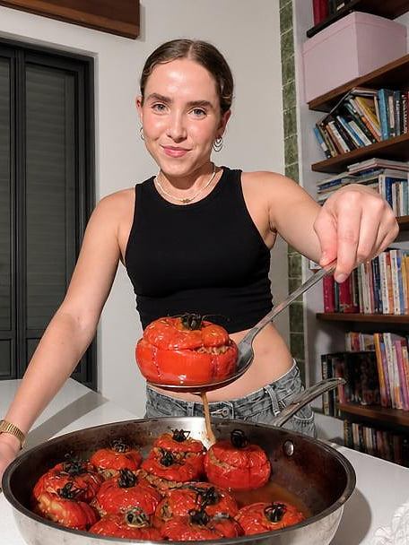 Creator cooking stuffed peppers in a Tefal pan